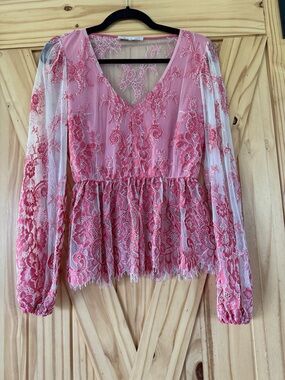 Pink Lace V-Neck Peplum Blouse - Women's Elegant Top